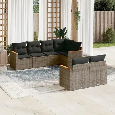 Produktbild von Design 7-tlg. Garten-Sofagarnitur mit Kissen Grau Poly Rattan, Gartenmöbel-Sets 2024 Neu