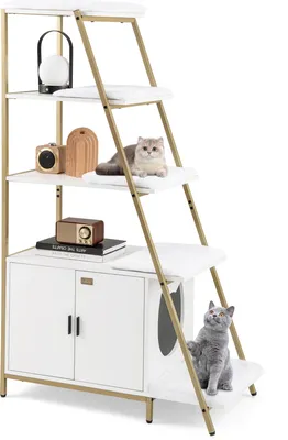 A multi-level cat tree with a cabinet base, featuring two cats.
