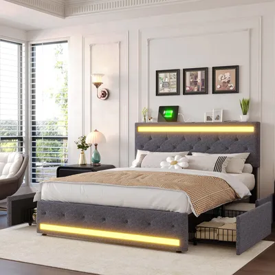 Obrázek produktu pro Postel INONEFT, 160x200 cm, čalouněná, s LED osvětlením a USB/Type-C porty, manželská postel s nastavitelnou výškou opěrky hlavy, úložná postel s roštem a 4 zásuvkami, lněná