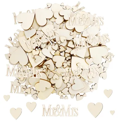 Productafbeelding van Houten confetti - 275 stuks in 6 verschillende maten - decoratie voor bruiloften - houten hartjes met de tekst "Mr. en Mrs."