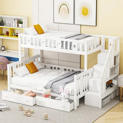 A white bunk bed with drawers and stairs in a child's room.