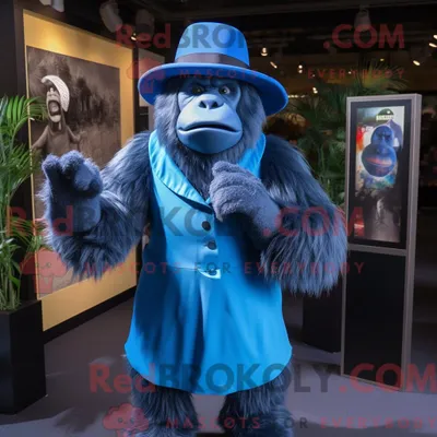 Image de Personnage mascotte REDBROKOLY d un gorille bleu habillé d une robe midi et d épingles à chapeau
