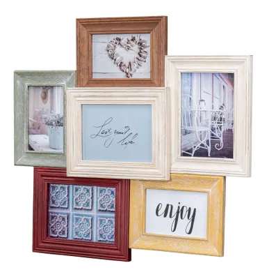 Produktbild von Fotorahmen Antik Collage 56x51cm Echtholz 6 Fotos 10x15 13x18 Shabby Chic Vintage Bilderrahmen Collage Galerie Wohndeko Wanddeko