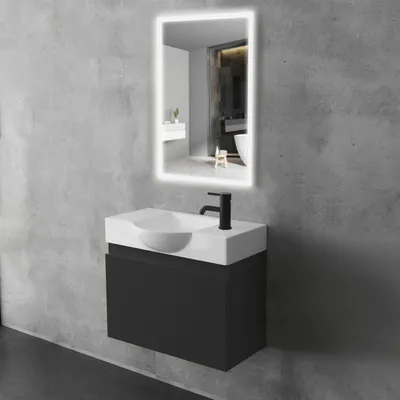 Produktbild von Alpenberger Badmöbel Set mit LED Spiegel | Badschrank Hängend | Badezimmerschrank mit Spiegel | Badmöbel für Kleine Bäder + Gäste WC | Waschtisch mit Unterschrank Schwarz Matt