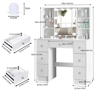Productafbeelding van Make-uptafel - Kaptafel met LED-spiegel - 7 lades - 3 lichtkleuren - 10 opbergvakken - 100 x 40 x 140 cm - Wit