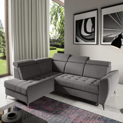 Produktbild von Ecksofa AURORA II L-Form Ottomane links, mit Schlaffunktion & Bettkasten, Grau