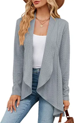 Image de ASKSA Femme Cardigan Manches Longues Unicolore Tricoté Manteau Tricoté Haut Bas Ourlet Veste Casual Top, Gris, M