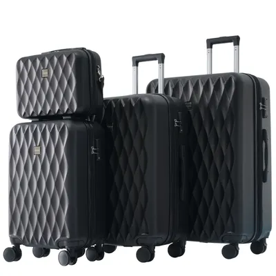 Produktbild von Flieks Kofferset 4 tlg., Reisekofferset mit Kosmetiketui Rautenmuster, Trolleyset mit 4 Rollen und TSA Schloss, Hartschale Trolley S-M-L-XL, Schwarz