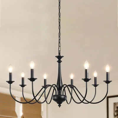 Productafbeelding van Zwarte kroonluchter, 8-licht, vintage woonkamerlamp met E14 fitting, zwarte hanglamp voor eetkamer, slaapkamer, keuken