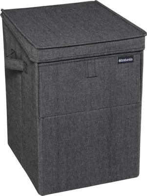 A dark gray fabric laundry basket with a lid.