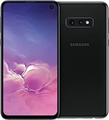 A black Samsung Galaxy S10e smartphone is shown from the front and back.
