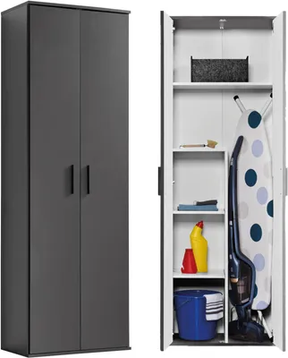 Produktbild von mokebo® Mehrzweckschrank o. Besenschrank 'Der Lange', auch als Haushaltsschrank o. Putzschrank mit Staubsaugerfach für Akkustaubsauger (Max. 141x26x34 cm) in Anthrazit-Schwarz aus Holz