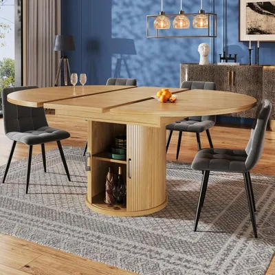 Immagine prodotto di Tavolo allungabile rotondo, trasformabile in ovale, con finitura effetto noce, da 118 a 158 cm, per un massimo di 6 persone, con vano contenitore