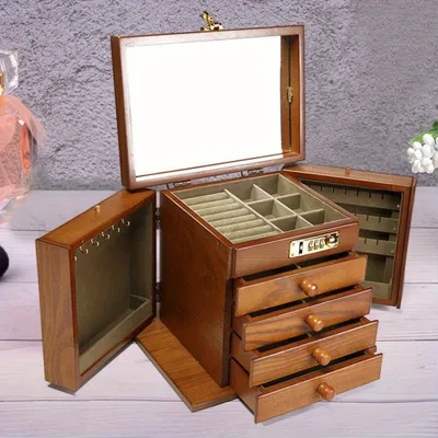 Productafbeelding van Sieradendoos houten opbergkoffer met spiegels en slot in klassieke stijl