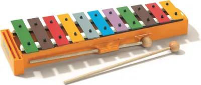 A colorful toy xylophone with a beater resting in front of it, set against a white background.