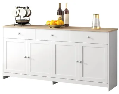 Image de Buffet – Meuble de rangement – 4 portes – 3 tiroirs – 150 x 40 x 76 cm – Structure en bois – Aspect bois blanc