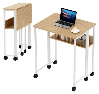 Produktbild von Kleiner klappbarer Schreibtisch mit Rollen, platzsparend und mit Regalen, einfache Montage, 63x50x75 cm