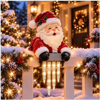 Produktbild von Weihnachtsmann Solar-Klemmleuchte, warmes Licht, Eiszapfen-Effekt, für Garten, Balkon, Zaun, Nacht-Automatik, wetterfest, Weihnachtsdeko