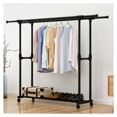 Produktbild von Kleiderständer mit Rollen, Ausziehbare Kleiderstange bis 150 cm, Höhenverstellbarer Kleiderständer mit 4 Rollen und Schuhregal, Mobiler Klamottenständer für Schlafzimmer und Wohnzimmer