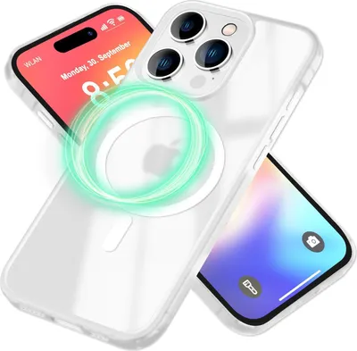 A clear protective case with a magnetic ring for an iPhone is shown, with parts of the phone's screen visible.
