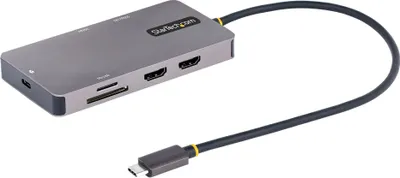 Produktbild von StarTech.com USB C Multiport Adapter, USB C auf Dual HDMI Video, 4K 60Hz, 5Gbit/s USB-A Hub, 100W PD Pass-through/GbE/SD-MicroSD Kartenleser, Reiseadapter/Laptop Dockingstation, Thunderbolt 3&4 Kompatibel, Kabelgebunden, USB 3.2 Gen 1 (3.1 Gen 1) Type-C, 10,100,1000 Mbit/s, Grau, MicroSD (TransFlash), SD, SDHC, SDXC, 5 Gbit/s