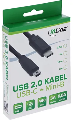Produktbild von InLine USB 2.0 Kabel, USB-C Stecker an Mini-B Stecker, schwarz, 2m, 2 m, USB C, Mini-USB B, USB 2.0, Stecker/Stecker, Schwarz
