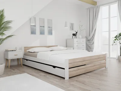 A bedroom scene with a bed, nightstand, and chest of drawers.