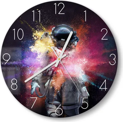 Produktbild von DEQORI Glasuhr Ø30 cm Zahlen 'Kosmonaut in Farbknall' Wanduhr Glas Uhr Design leise