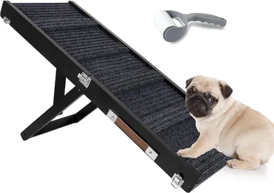 Produktbild von Haustierrampe, klappbar, mit Holzrahmen, 4 Stufen, höhenverstellbar, 22,9 cm bis 43,9 cm, mit rutschfester Traktionsmatte für kleine und mittelgroße Hunde, Schwarz