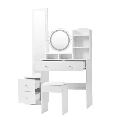 Produktbild von okwish Schminktisch  mit Ganzkörperspiegel und drehbarem Tischspiegel, 4-in-1 Schuhminktisch mit Hocker und LED-Beleuchtung,Schminktisch mit Metallgriff  und Schubladen,, Weiß