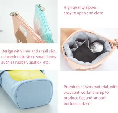 Imagen del producto de Estuche para lápices tipo bolsa, diseño retráctil, hecho de lona. Estuche para lápices con un adorable estampado de gato, plegable y con base para que se mantenga de pie. Organizador de material de escritorio, ideal para guardar brochas de maquillaje, herramientas y como regalo para estudiantes, niños y niñas
