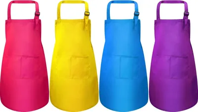 Produktbild von 4 Stücke Kinderschürze mit Tasche Kinder Verstellbare Kochschürze zum Kochen Backen Malerei (Rosenrot, Gelb, Blau, Lila S für 2-6 Jahre)
