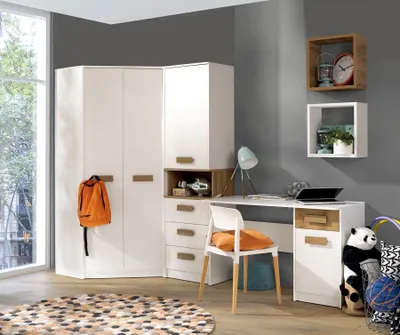 Produktbild von DESIGN MÖBEL Eckkleiderschrank Set Gustavo 16 – Eckschrank mit Schreibtisch, Regal, Hängeregal, Kleiderschrank, Einlegeböden, Weiß/Eiche Riviera