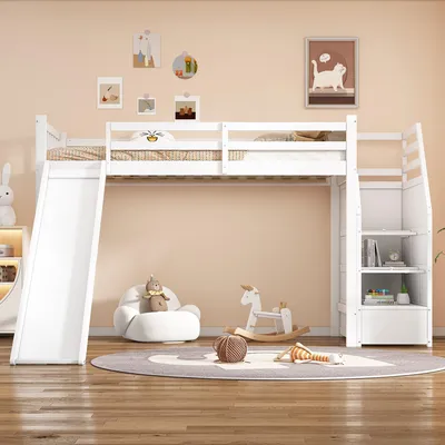 Produktbild von MODFU Hochbett Kinderbett 90x200 mit abnehmbarem Zaun,Etagenbett mit Rutsche, Jugendbett Bettgestell mit Lattenrost und Stauraum Treppe, Weiß