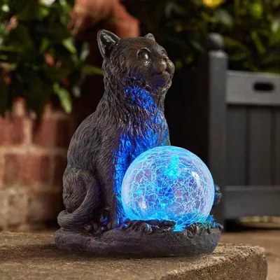 Solar-Katzenfigur mit LED-Kristallkugel, wetterfest, Garten-Deko