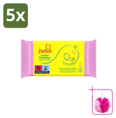 Imagen del producto de 5 paquetes de toallitas húmedas Zwitsal Baby Sensitive para pieles sensibles, con 57 unidades por paquete. Paquete económico
