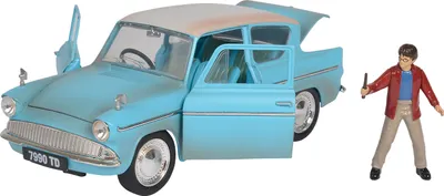 A toy model of a blue 1959 Ford Anglia car with its doors open, and a Harry Potter figurine standing next to it.