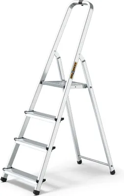 Produktbild von Startseite Aluminiumleiter mit 4 Sprossen, 125 kg – Sicheres Arbeiten zu Hause und bei Renovierungsarbeiten – Tragkraft 125 kg – Stabile Konstruktion – Rutschfeste Füße – Stehleiter 60 cm – 0,43 x 1,45 x 0,75 m