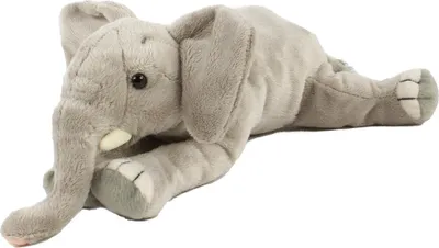 A plush toy elephant lying on its side against a white background.