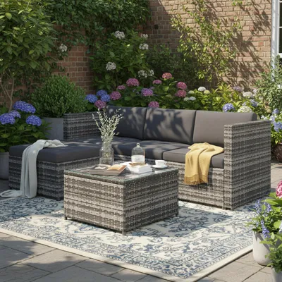 Produktbild von Polyrattan Gartenlounge Set 196x139 cm, Ecksofa Gartenmöbel Sitzgruppe mit Couchtisch, wetterfest, inkl. 5cm Sitzkissen & Glasplatte