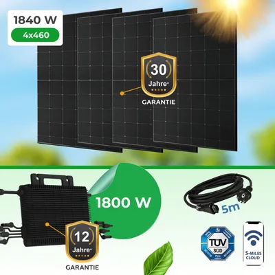 Produktbild von Balkonkraftwerk 1840W Komplettset - mit Hoymiles HMS-1800 Wechselrichter und 4x Premium-Module 460W (bifazial, Glas-Glas, Black Frame)