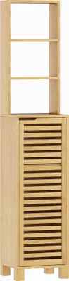 Produktbild von Badezimmerschrank schmal, Hochschrank mit 3 offenen Regalen, verstellbaren Regalen, Lamellentür, 34 x 30 x 170 cm Natur