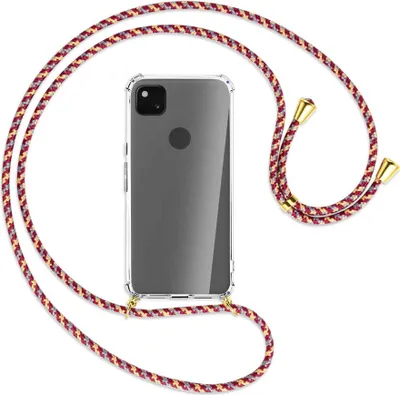 Produktbild von Handykette Backcover-Schutzhülle mit Band (Metall goldfarben) für Google Pixel 4a - weinrot/gelb/grau