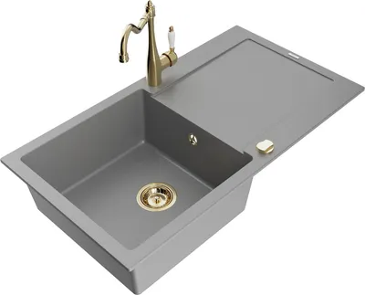 Produktbild von Mexen Leo 1 Becken-Granitspüle mit Abtropffläche und Mischbatterie Carla, Grau - 6501-71-670700-50