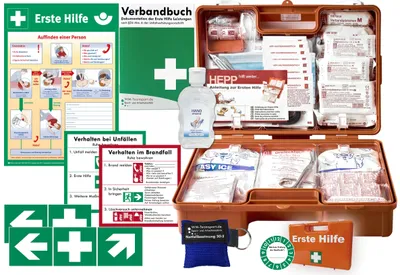Produktbild von Erste-Hilfe-Koffer M2 PLUS für Betriebe ab 50 Mitarbeiter nach aktueller DIN/EN 13169 inkl. Verbandbuch & Hygiene-Gel + Aushang, Aufkleber