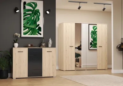 Produktbild von 2-er Set Drehtürenschrank BARI 200cm Kommode BARI 2D4S 135cm San Remo Sand/Schwarz