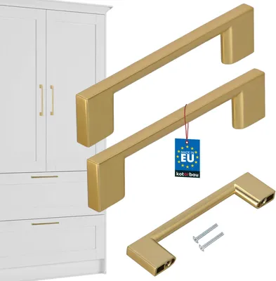 A collage showcasing gold cabinet handles, with a white cabinet in the background.