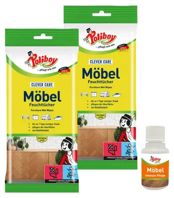 Produktbild von Poliboy Staubmeister Möbel Feuchttücher - 2er Set - je 24 Tücher pro Packung - für eine langanhaltende Sauberkeit Ihrer Möbel - Inklusive Möbel Probe