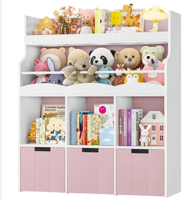 Produktbild von Kinderregal - Bücherregal auf Rollen - 4 Fächer - Für Spielzeug und Bücher - Holzrahmen - Kinderzimmer - Rosa