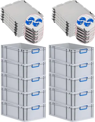Produktbild von SparSet 10x Eurobox NextGen Color mit Auflagedeckel und Schiebeschnappverschlüsse | HxBxT 22x40x60cm | 44 Liter | Grau | Griffe blau geschlossen | Verstärkter Boden | Eurobehälter, Transportbox, Transportbehälter, Stapelbehälter
